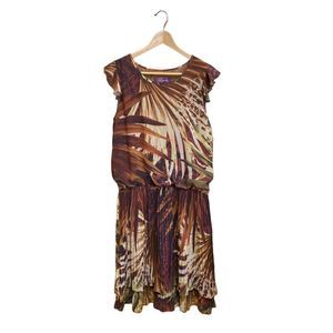 Argenti Vintage 80s Brown Leaves Dropped Waist Short Sleeves Dress S/10